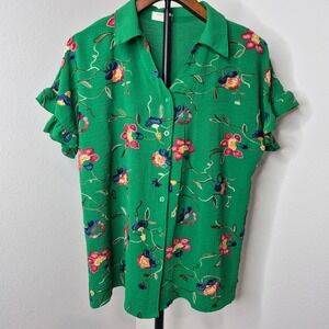 Dashing Green Floral Embroidered Ruffle Sleeve Button Down Blouse XL Bohemian